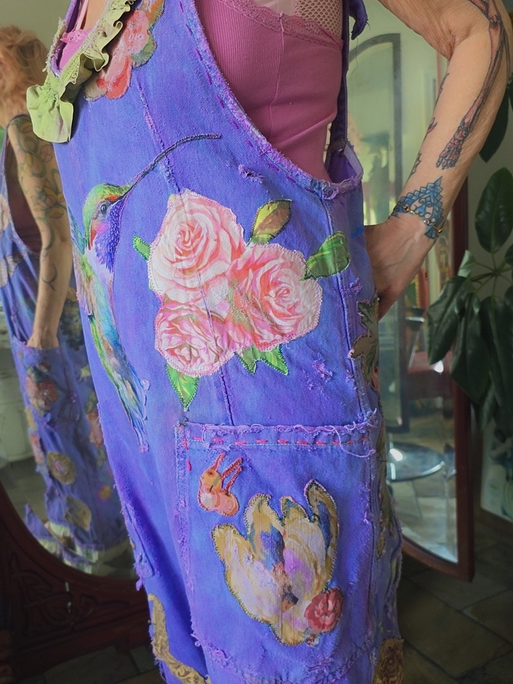 Free People + Me, Purple Floral & Hummingbird Overalls Jumpsuit - Picture 14 of 14